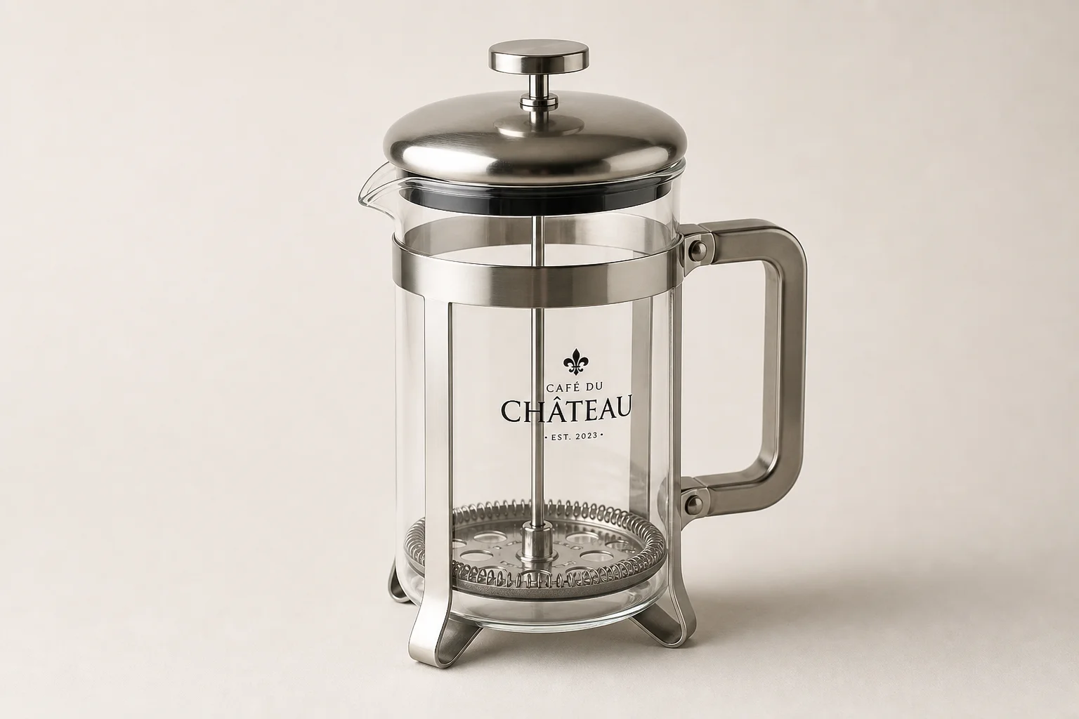 Five French press coffee makers arranged on concrete: Bodum Chambord, AeroPress Original, Mueller, Cafe Du Chateau, and AeroPress Clear