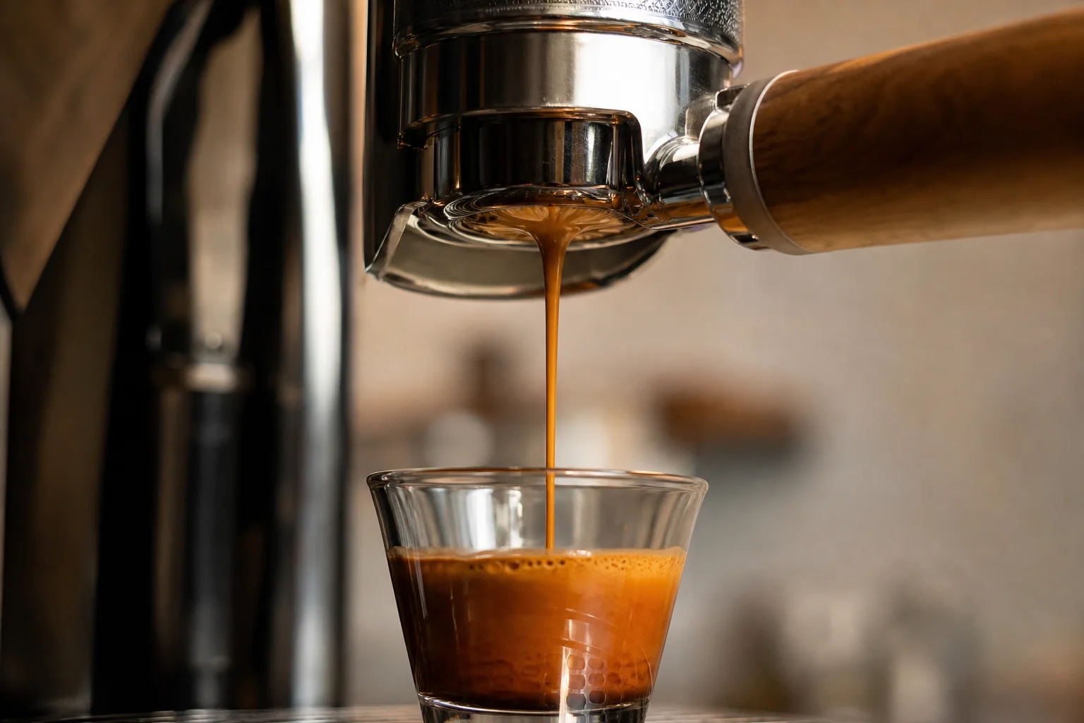 Nahaufnahme einer Espresso-Extraktion mit sichtbarer Crema und goldener Flüssigkeit, die in ein Glas fließt