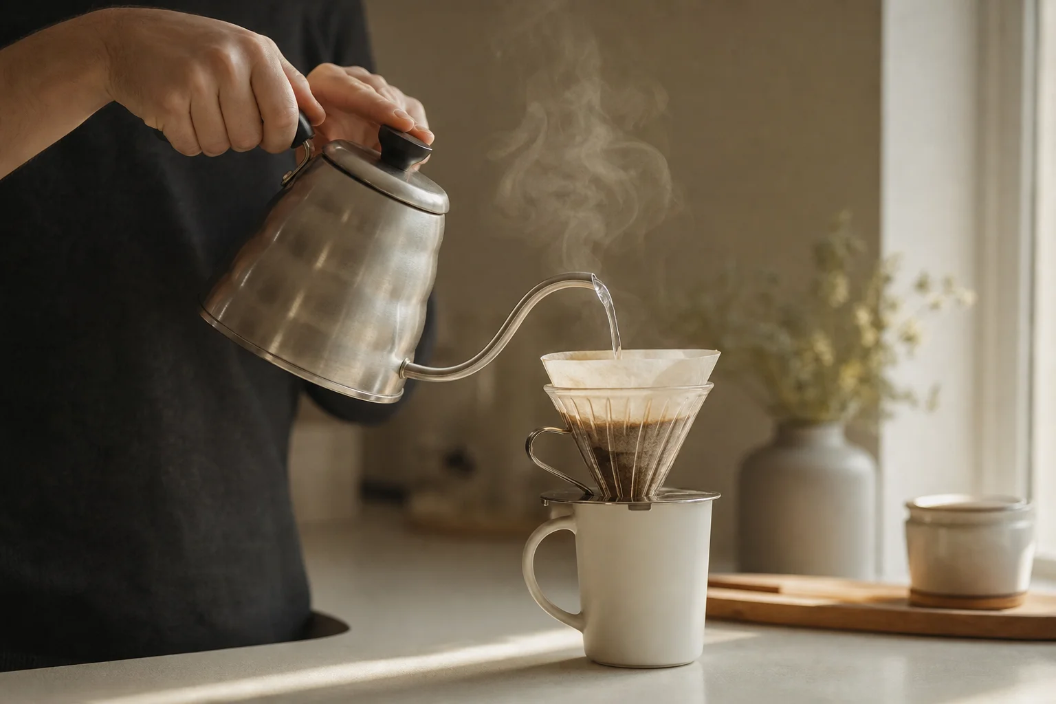 Hands pouring hot water into a pour over coffee filter above a ceramic cup
