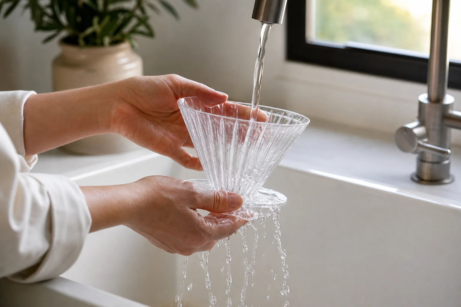 Hands gently rinsing a pour over filter under running water at a kitchen sink