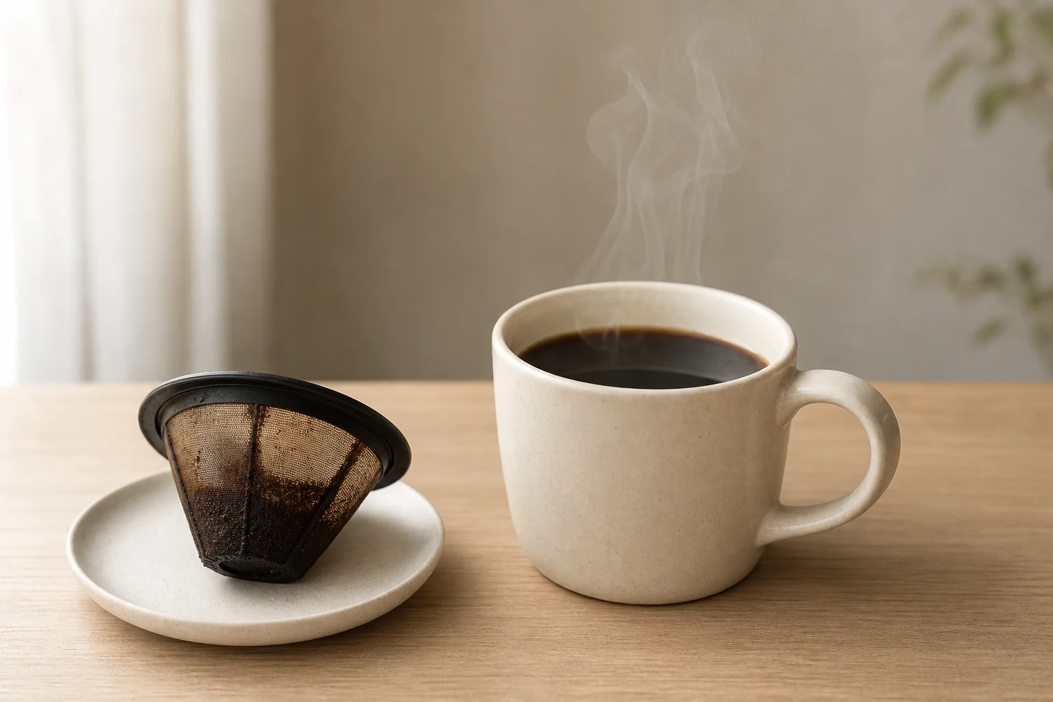 Finished cup of black coffee with pour over filter on light wood surface