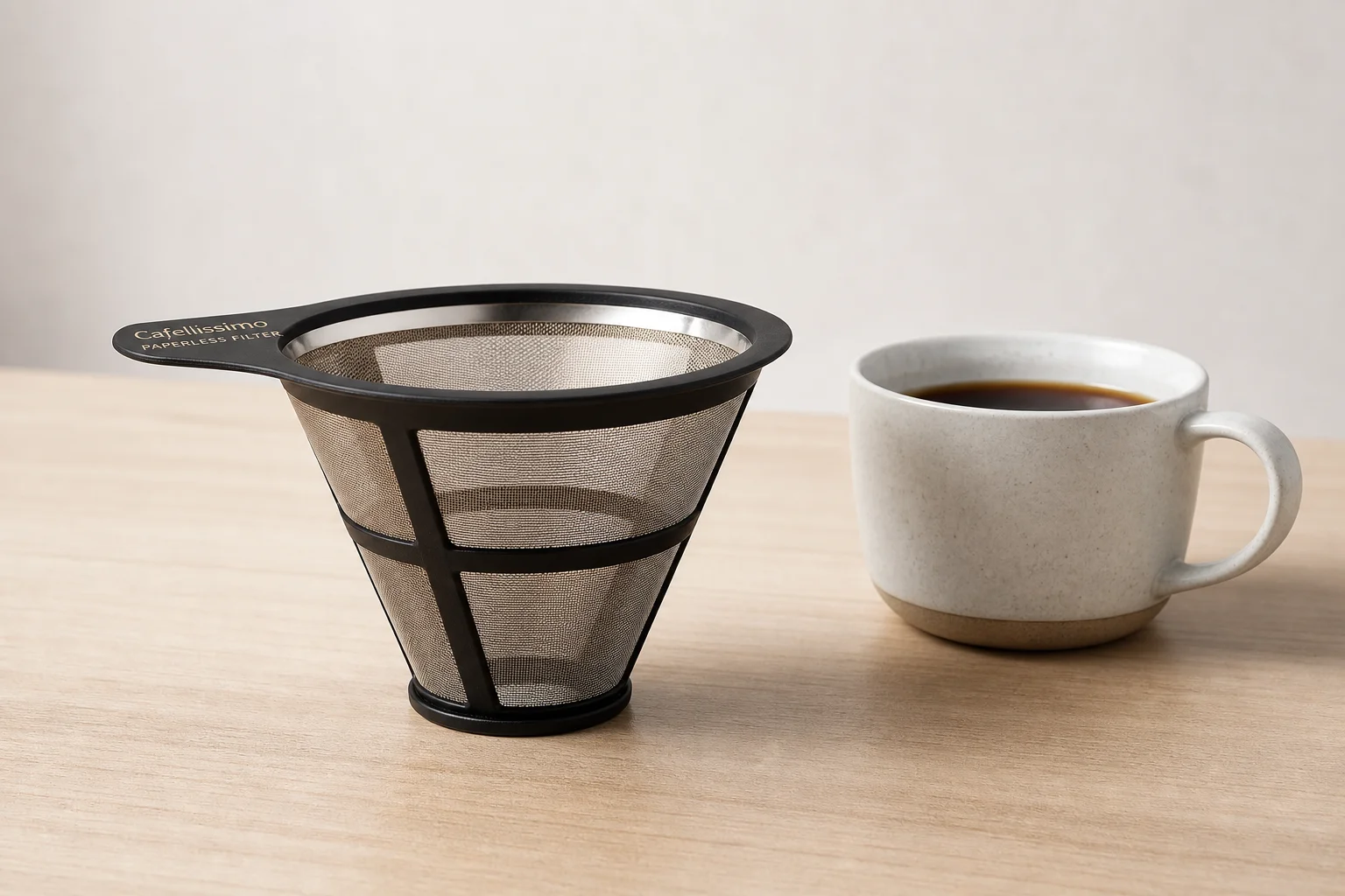 Cafellissimo paperless pour over coffee filter with finished cup of coffee on light wood surface