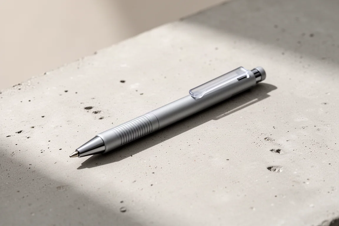 Rollerball pen liggend op een vlakke ondergrond, met clip en groeven zichtbaar
