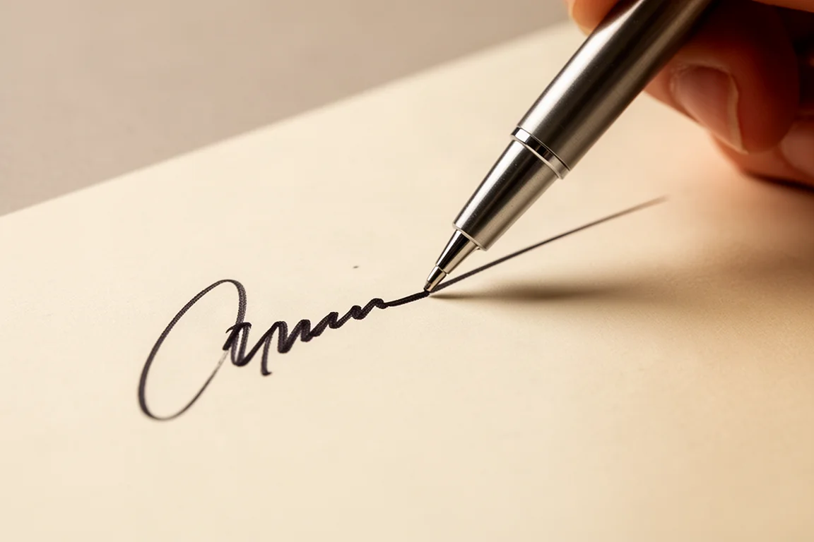 Hand schrijft een handtekening met een slanke metalen pen op crèmekleurig papier