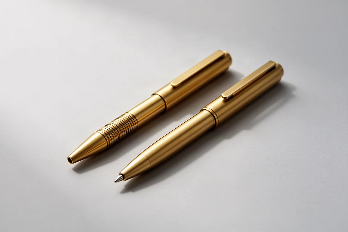 Calamus brass ballpoint and rollerball pens side by side on a grey surface