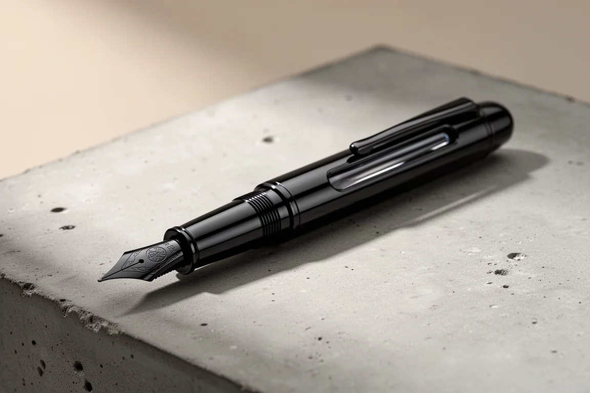 Slim all-black brass fountain pen on a matte concrete surface