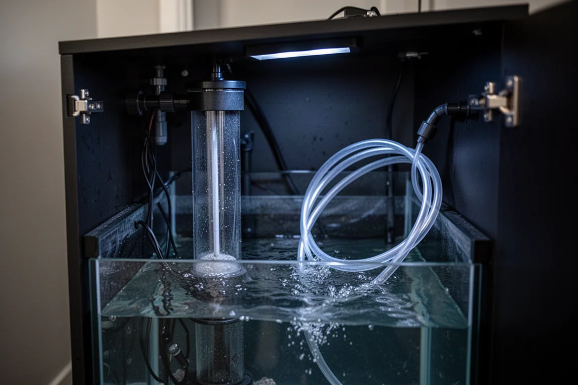 Calciumreaktor-Zylinder in einem sanft beleuchteten Technikschrank eines Aquariums