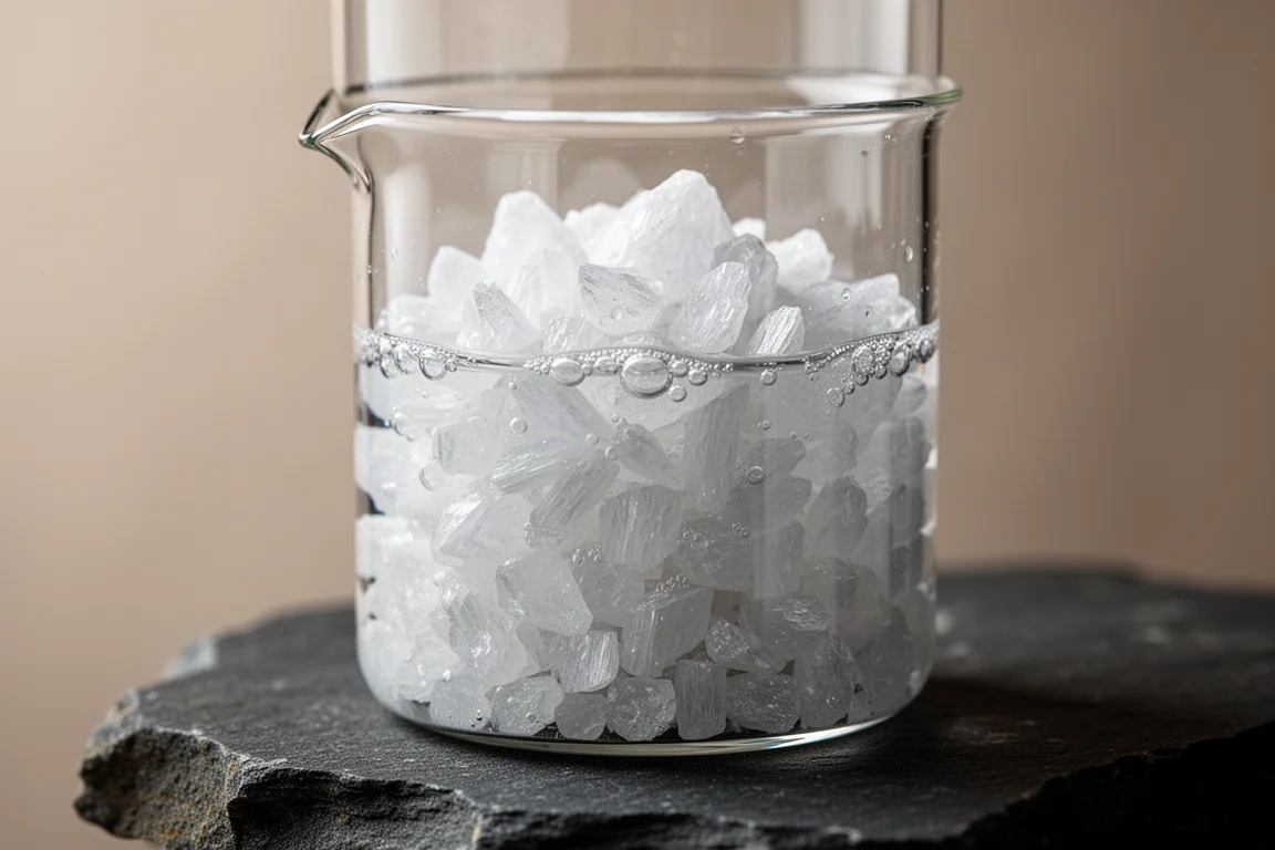 Kantige weiße Aragonit-Granulate in einem halb mit Wasser gefüllten Glasbecher
