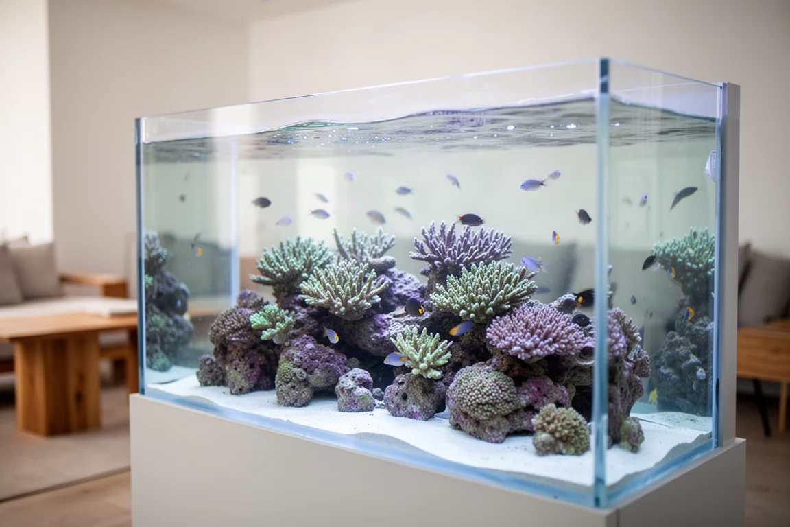 Rahmenloses Riffaquarium mit Steinkorallen in einem hellen Wohnraum