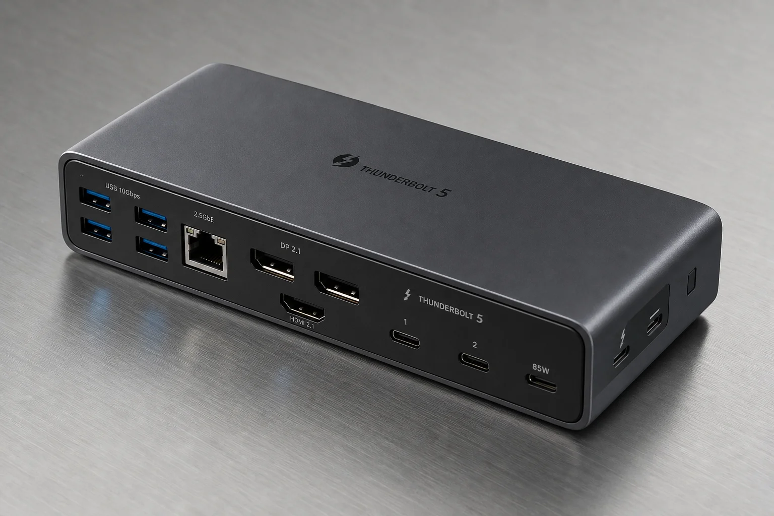 Six Thunderbolt 5 docking stations displayed on concrete surface