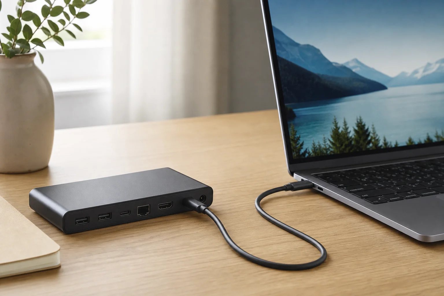 Thunderbolt-Kabel verbunden mit einem Laptop und einer Dockingstation auf einem Schreibtisch