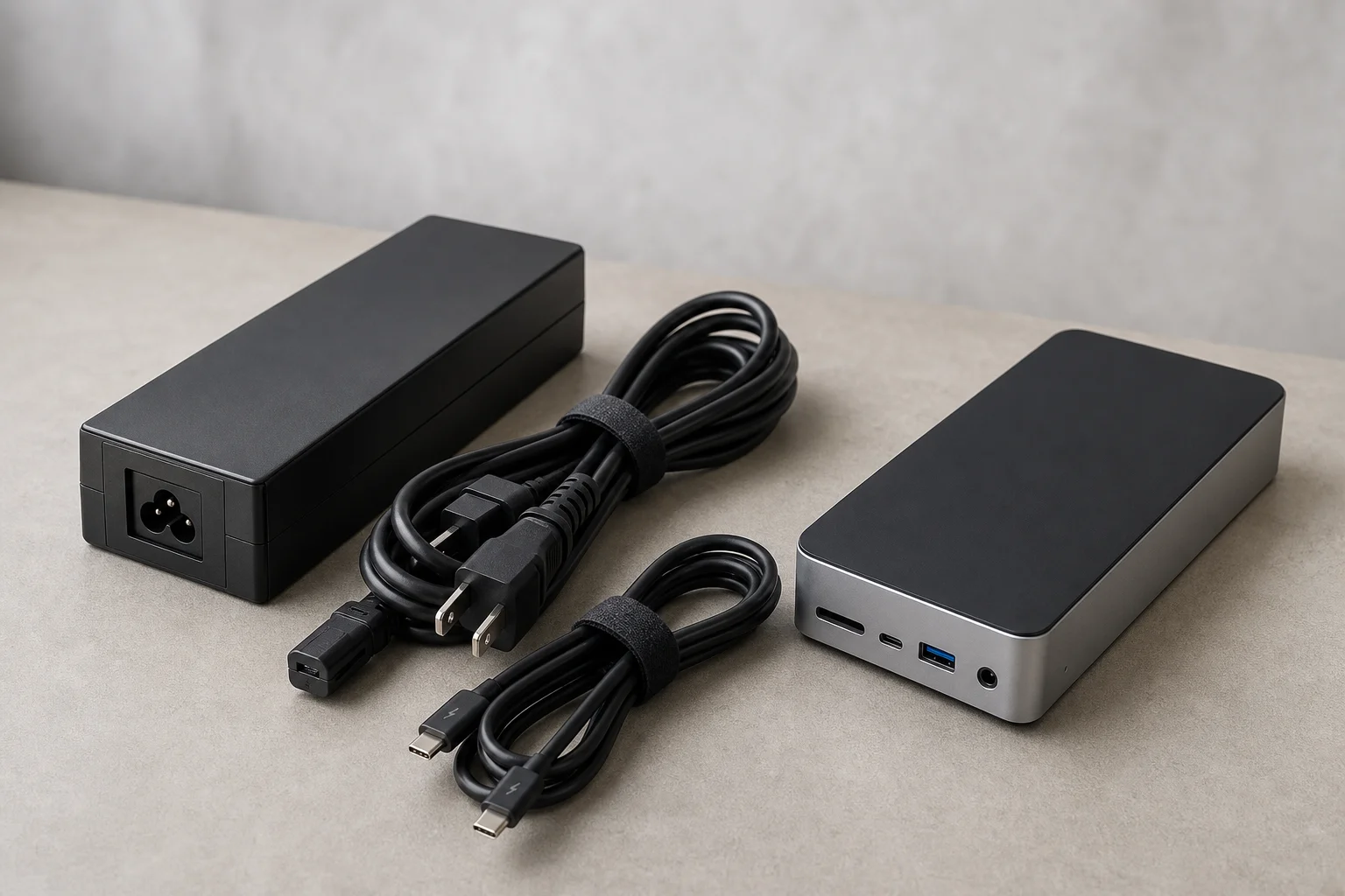 Netzteil und Kabel neben einer Dockingstation angeordnet