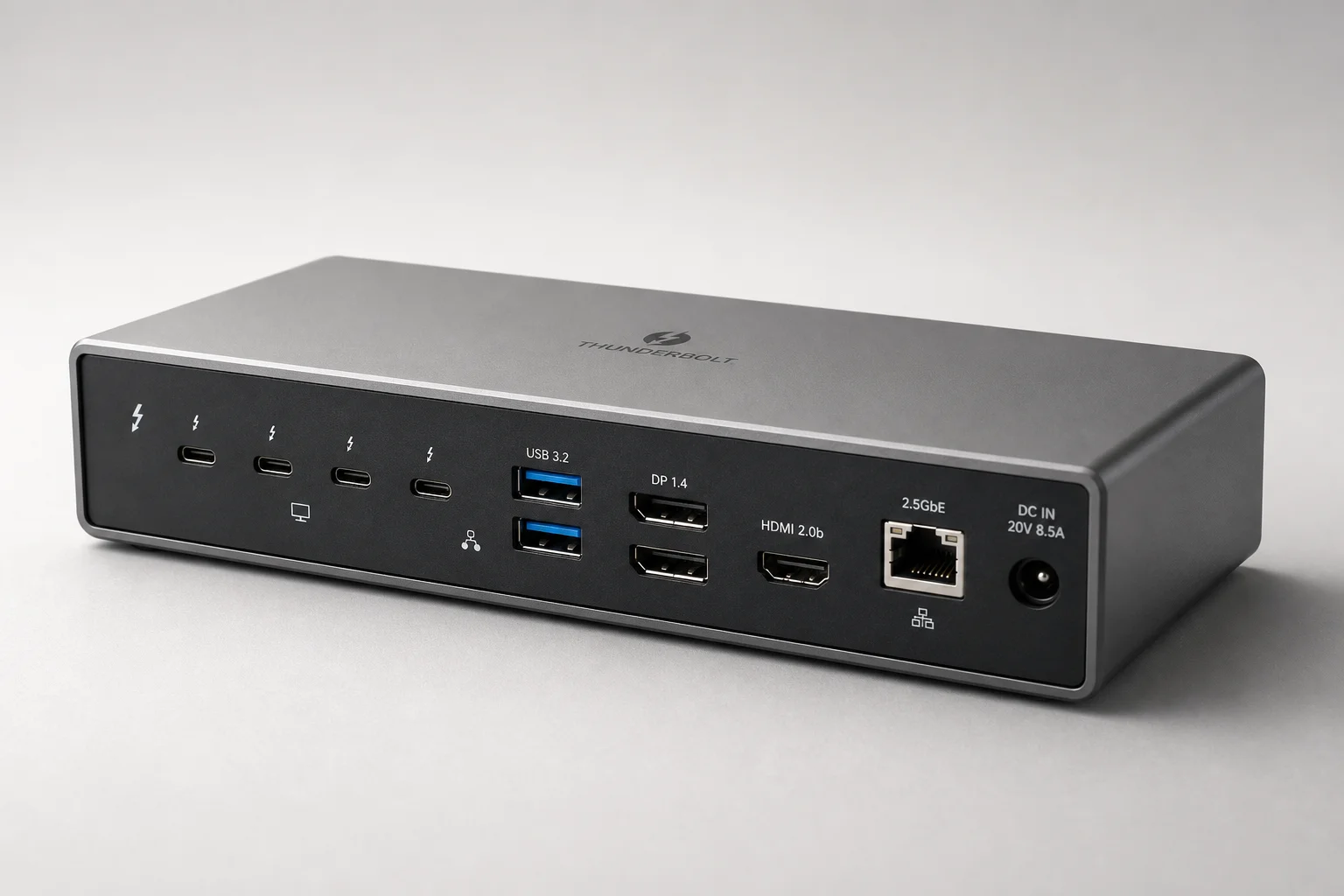 Six Thunderbolt 5 docking stations displayed on concrete surface