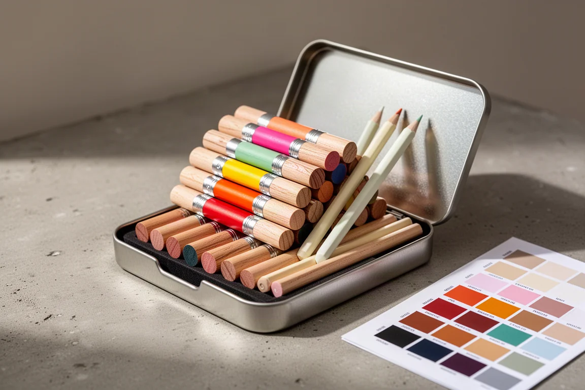 Open tin of 72 colored pencils with blender and burnisher on a concrete surface
