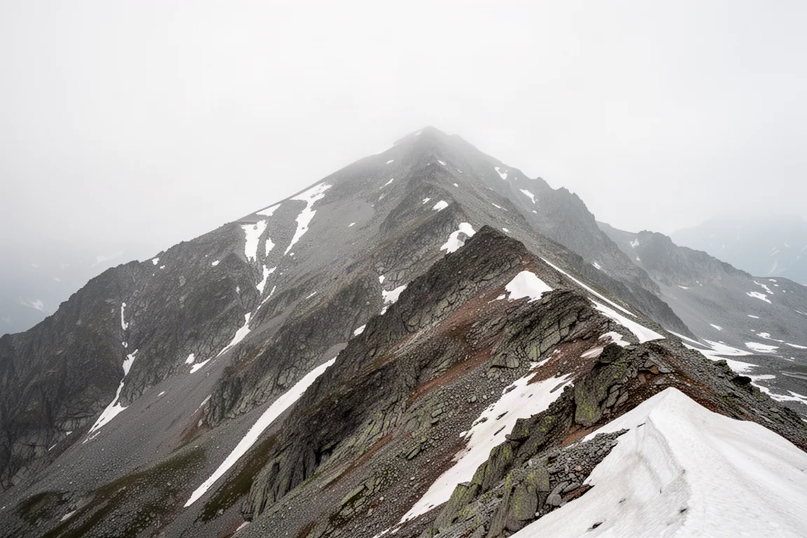 Crête alpine rocheuse et escarpée avec des plaques de vieille neige dans une lumière douce