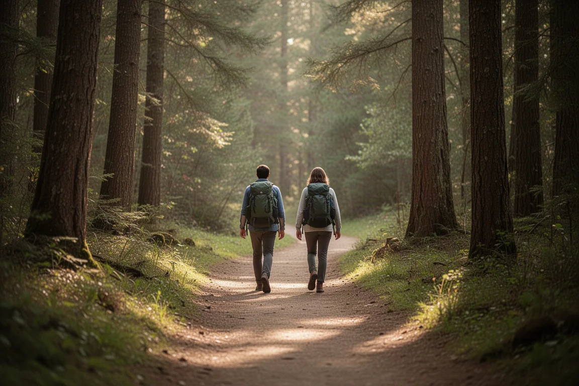 Deux randonneurs marchant sur un sentier forestier doux dans une lumière d'après-midi tamisée
