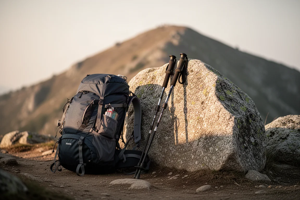 Sac à dos et bâtons de randonnée appuyés contre un rocher de granite sur un sentier