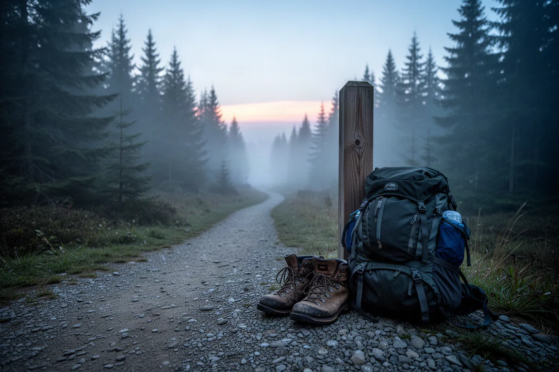 Wanderschuhe und ein beladener Rucksack an einem Trailhead vor Sonnenaufgang