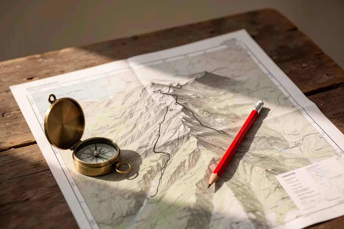 Topografische Papierkarte mit Kompass und Bleistift auf einem Holztisch