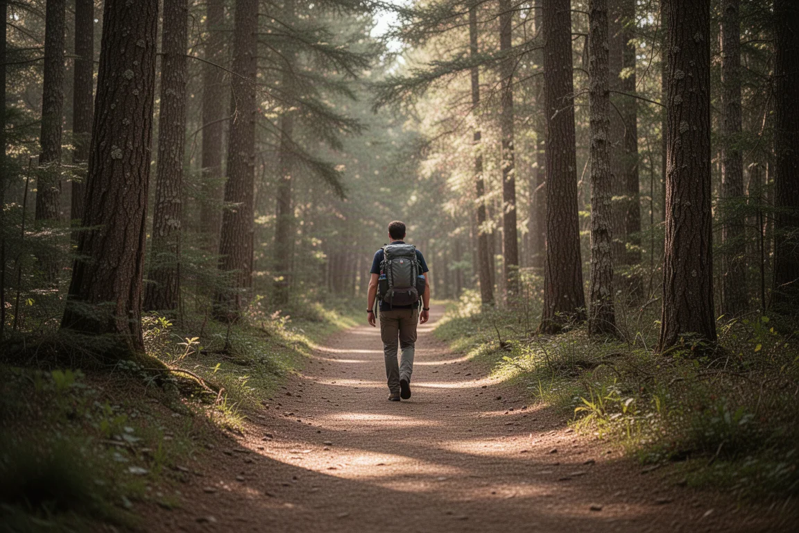 Ein Wanderer in der Ferne auf einem Waldweg im Licht des späten Nachmittags