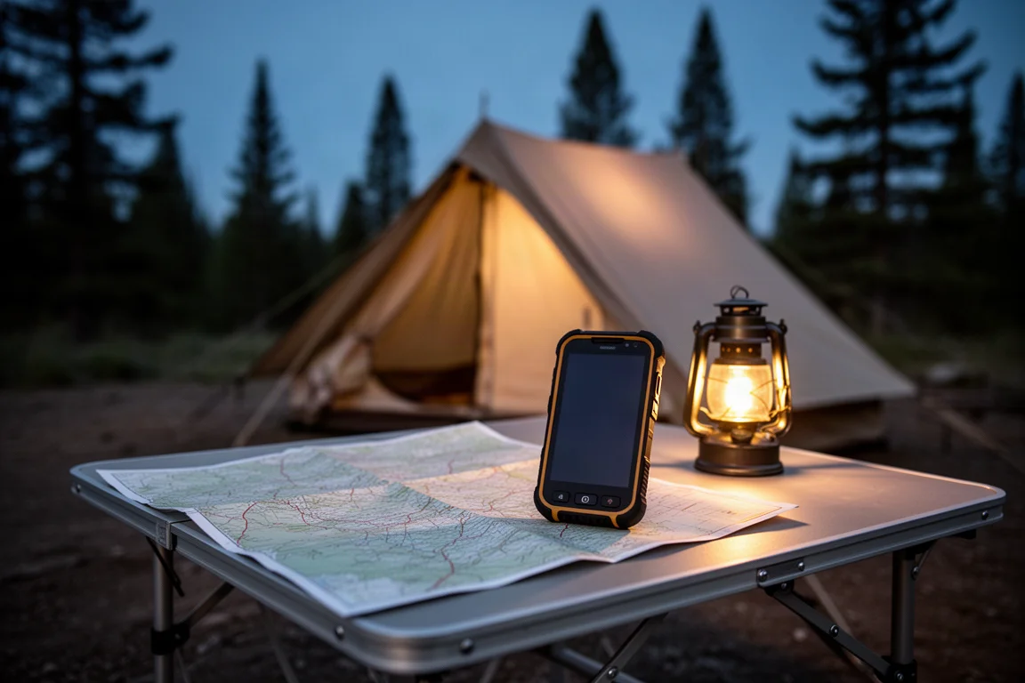 Campingtisch in der Dämmerung mit Papierkarte, Handgerät und Laterne