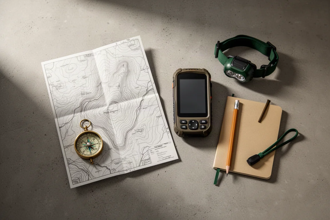 Outdoor planning gear flat-lay with topographic map, compass, notebook, and headlamp