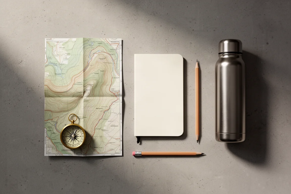Vue à plat d'une carte topographique, d'une boussole en laiton, d'un carnet et d'un thermos sur du béton