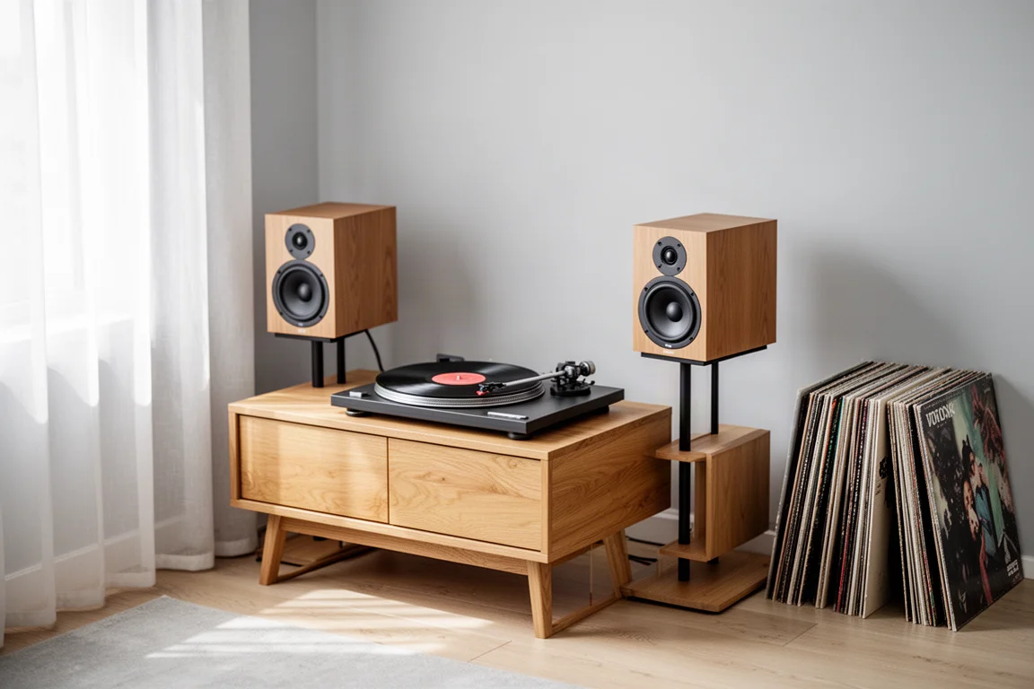 Turntable on a walnut sideboard beside records and speakers in a warm living room