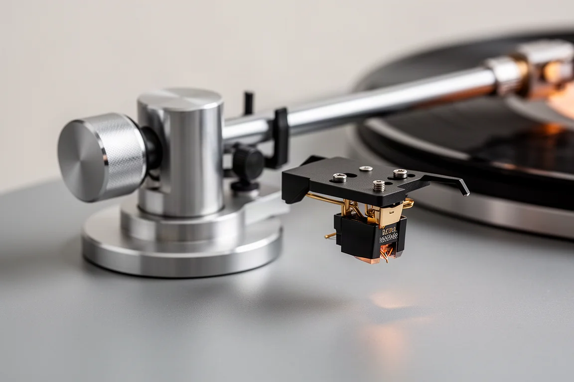 Close-up of an aluminium turntable platter edge, tonearm counterweight and a record brush