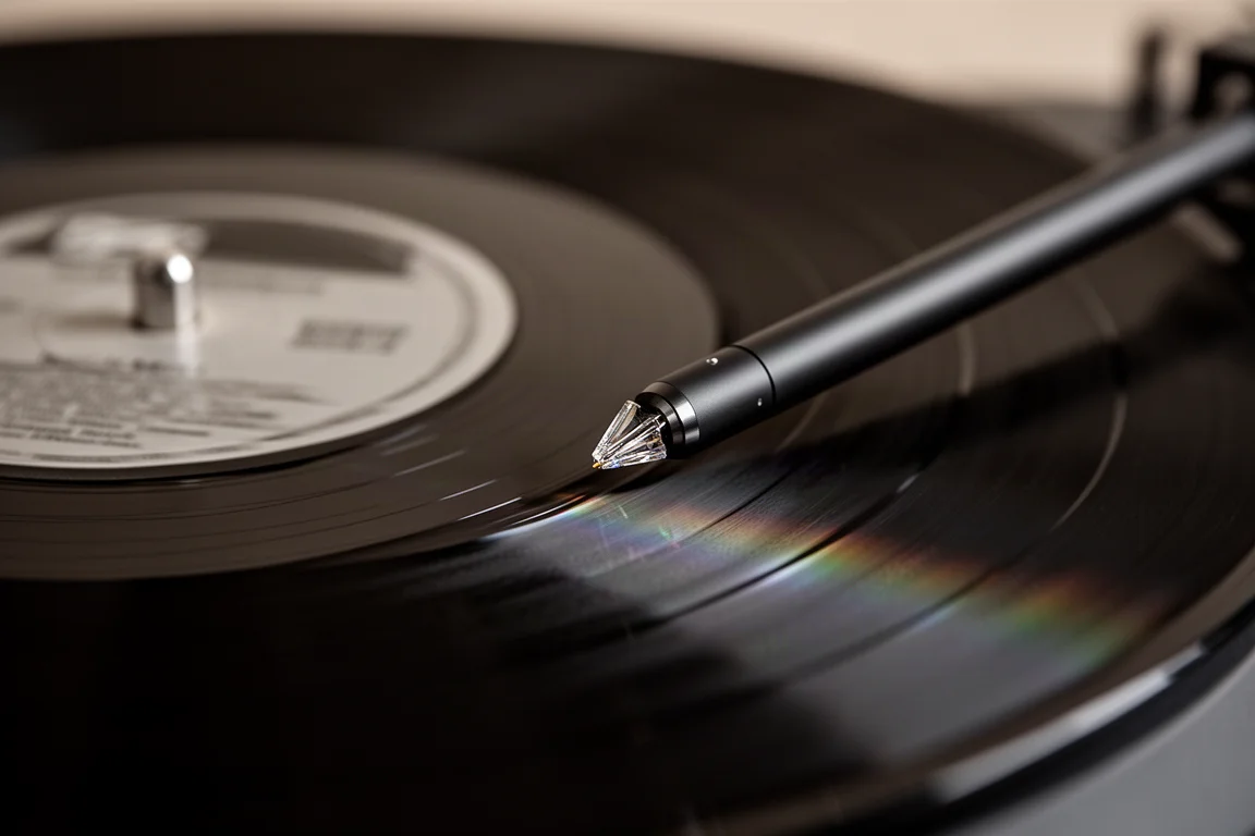 Over-ear headphones on an armchair beside vinyl records in a warm listening room