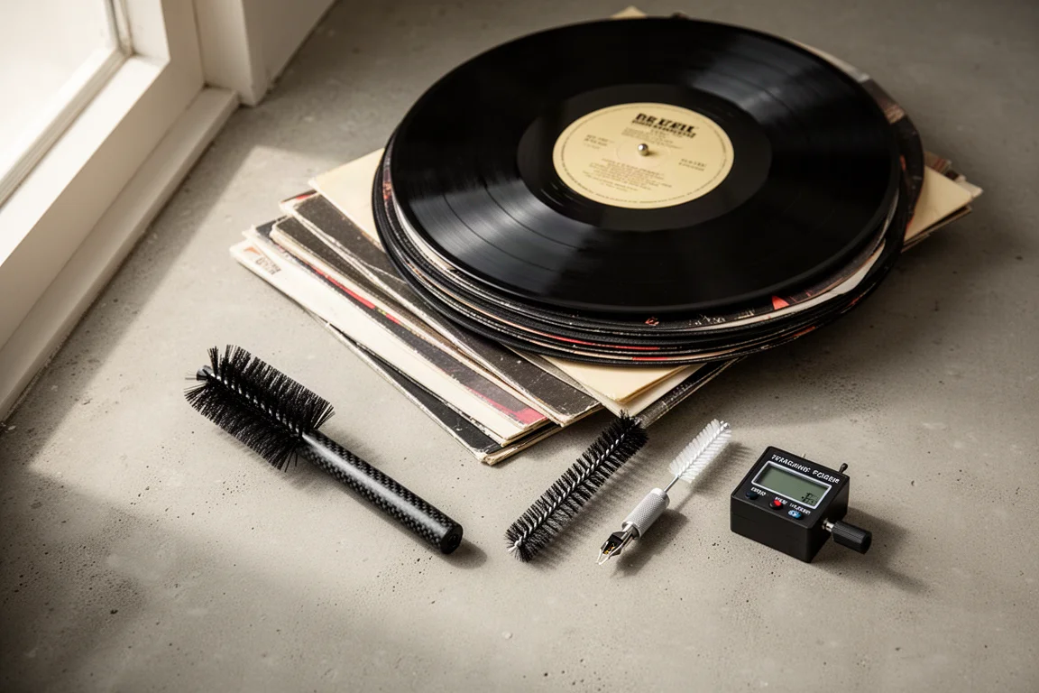 Flat lay of turntable accessories including a stylus gauge, brush and audio cables