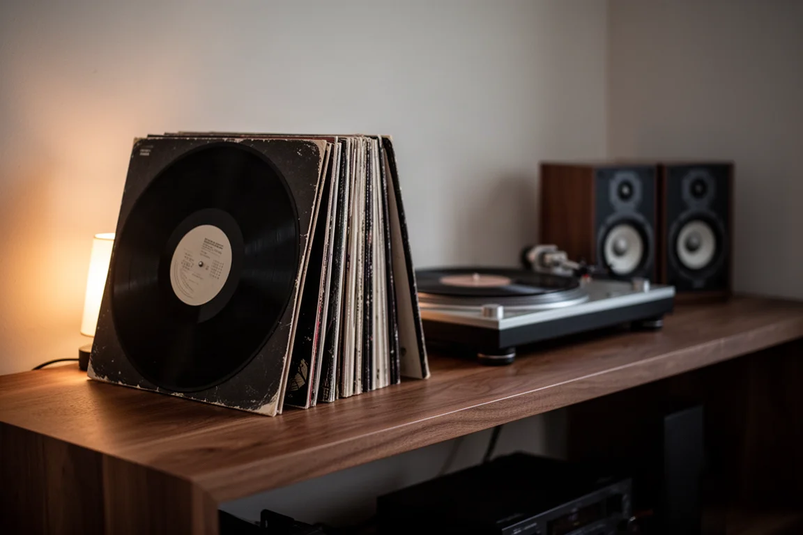 Luisterhoek met een platenspeler op een dressoir, gestapelde vinylplaten en draadloze koptelefoon