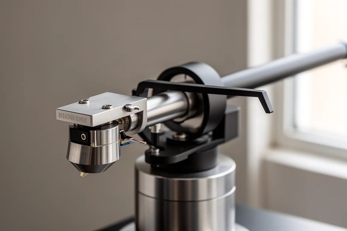 Macro-opname van een platenspelerelement en naald die in de groef van een vinylplaat zakken