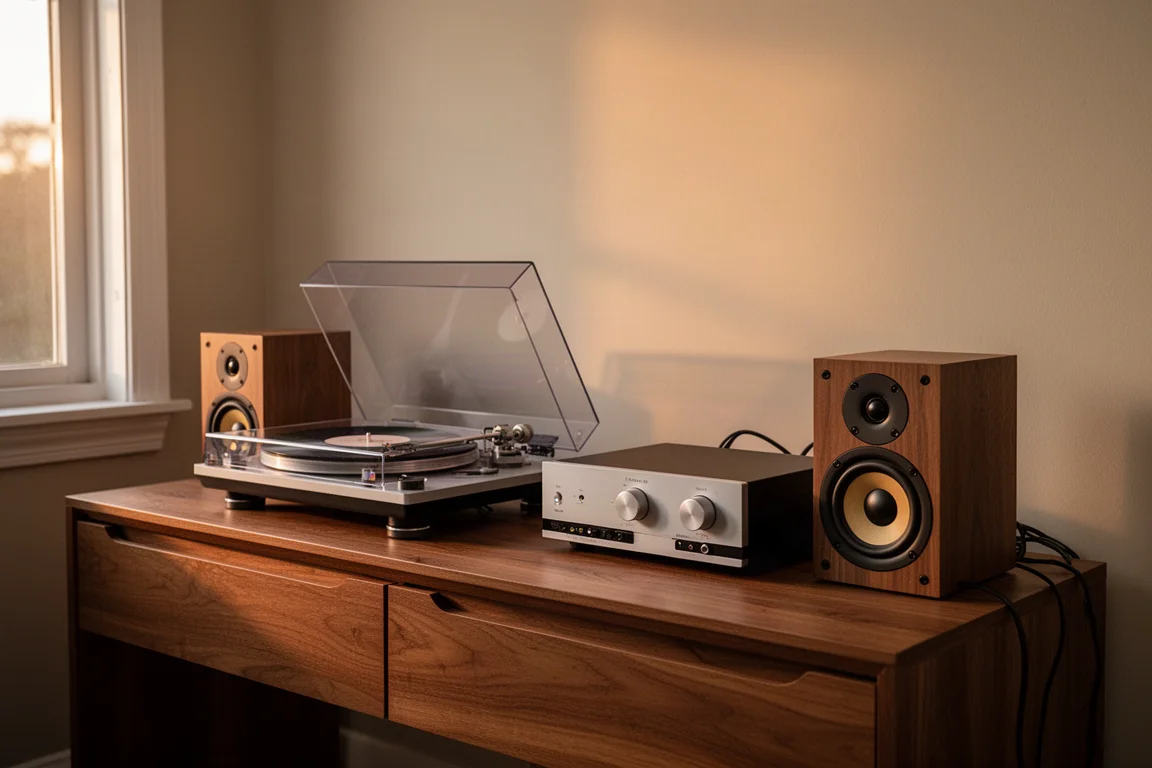 Plattegrond van bovenaf met vinylplaten, een naaldkrachtmeter en een platenspeler-slipmat