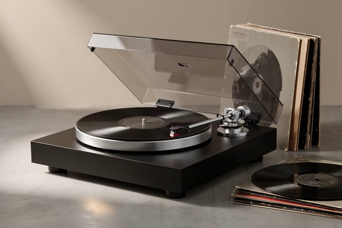 High-end direct-drive turntable with aluminium top plate and dark platter on a wooden sideboard
