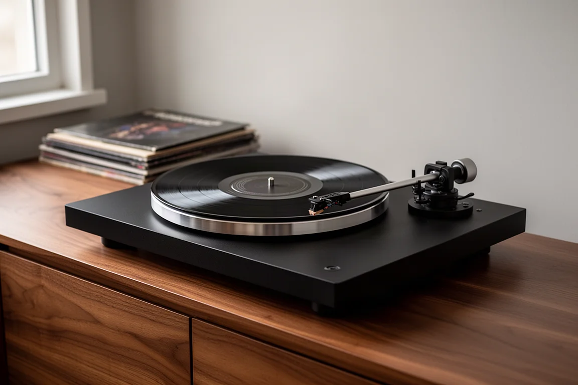 Direct-drive turntable with tonearm and vinyl record on a walnut sideboard