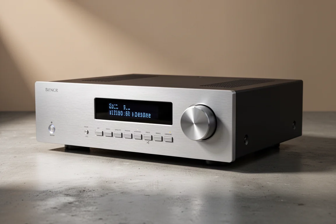 Silver full-width integrated amplifier with OLED display and rotary volume knob
