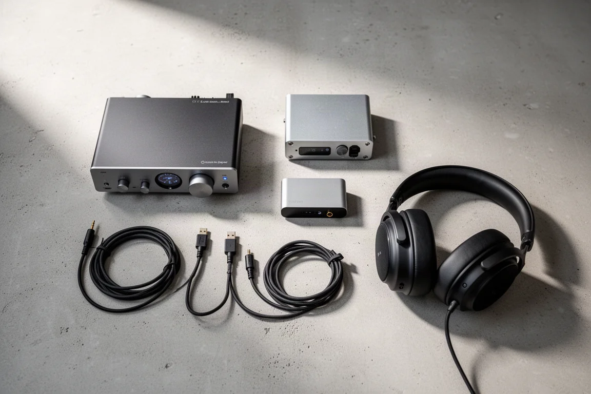 Närfälts-hi-fi-setup på skrivbord med förstärkare, liten DAC och hörlurar