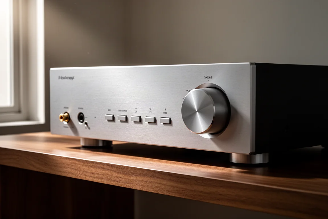 Slim analog stereo integrated amplifier with large volume knob on a wooden shelf