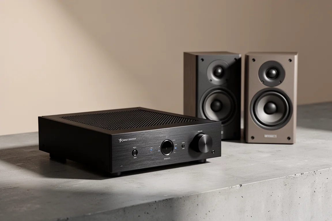 Slim black integrated amplifier with mesh top on concrete beside stand-mount speakers