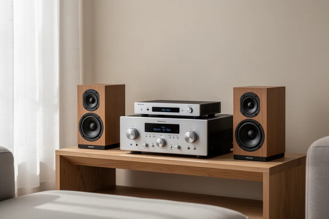 Système hi-fi compact composé d'un amplificateur et d'enceintes bibliothèques sur une étagère basse en chêne