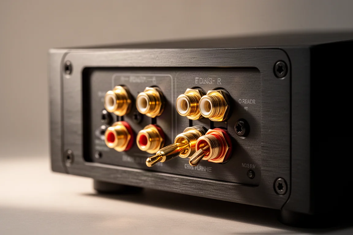 Gros plan sur les bornes d'enceintes du panneau arrière d'un amplificateur hi-fi avec une fiche banane