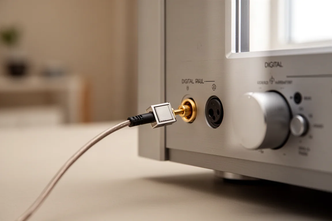 Connecteur de câble numérique optique dirigé vers l'entrée numérique arrière d'un amplificateur