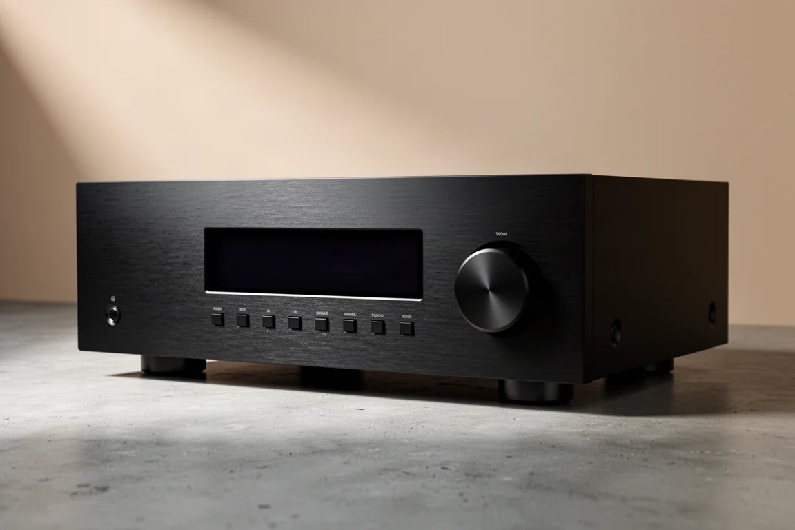 Full-width black integrated stereo amplifier with aluminium front panel on a concrete surface