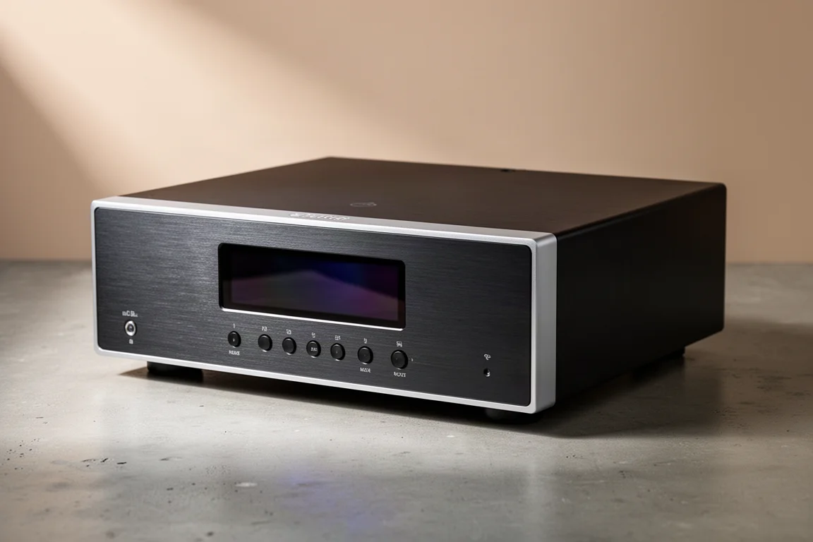 Compact silver and black hi-fi streamer with a large front display on a concrete surface