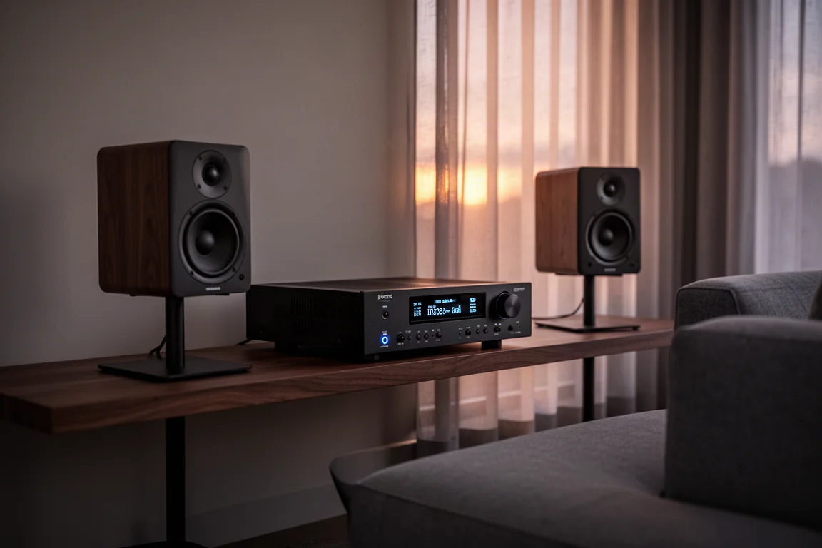 Hörplatz im Wohnzimmer mit Hi-Fi-Streaming-Deck und zwei Regallautsprechern in der Dämmerung