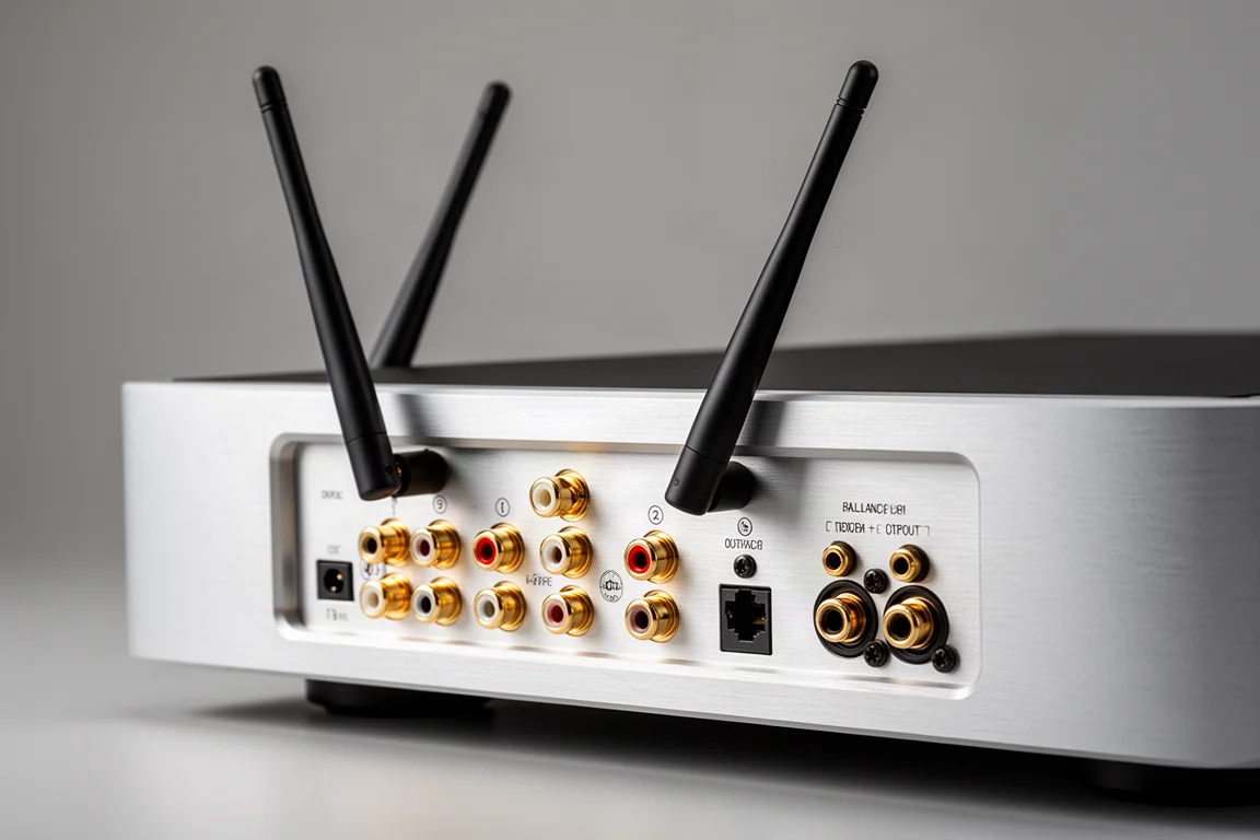 Rückseite eines Hi-Fi-Streaming-Decks mit Antennen, RCA-Buchsen und einem optischen Eingang