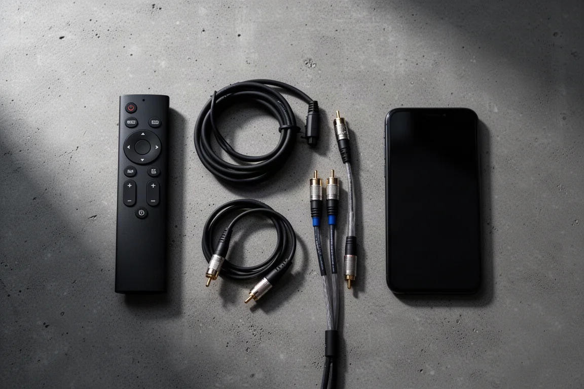 Flat-Lay aus Fernbedienung, optischem Kabel und RCA-Verbindungen auf dunklem Beton