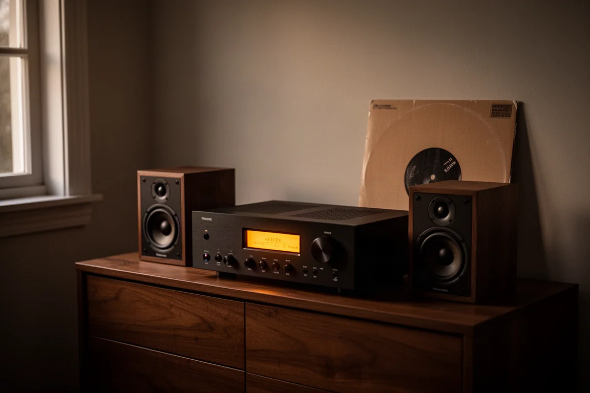 Hi-Fi-Streaming-Deck leuchtet bernsteinfarben zwischen zwei Lautsprechern in einem dämmrigen Abendzimmer