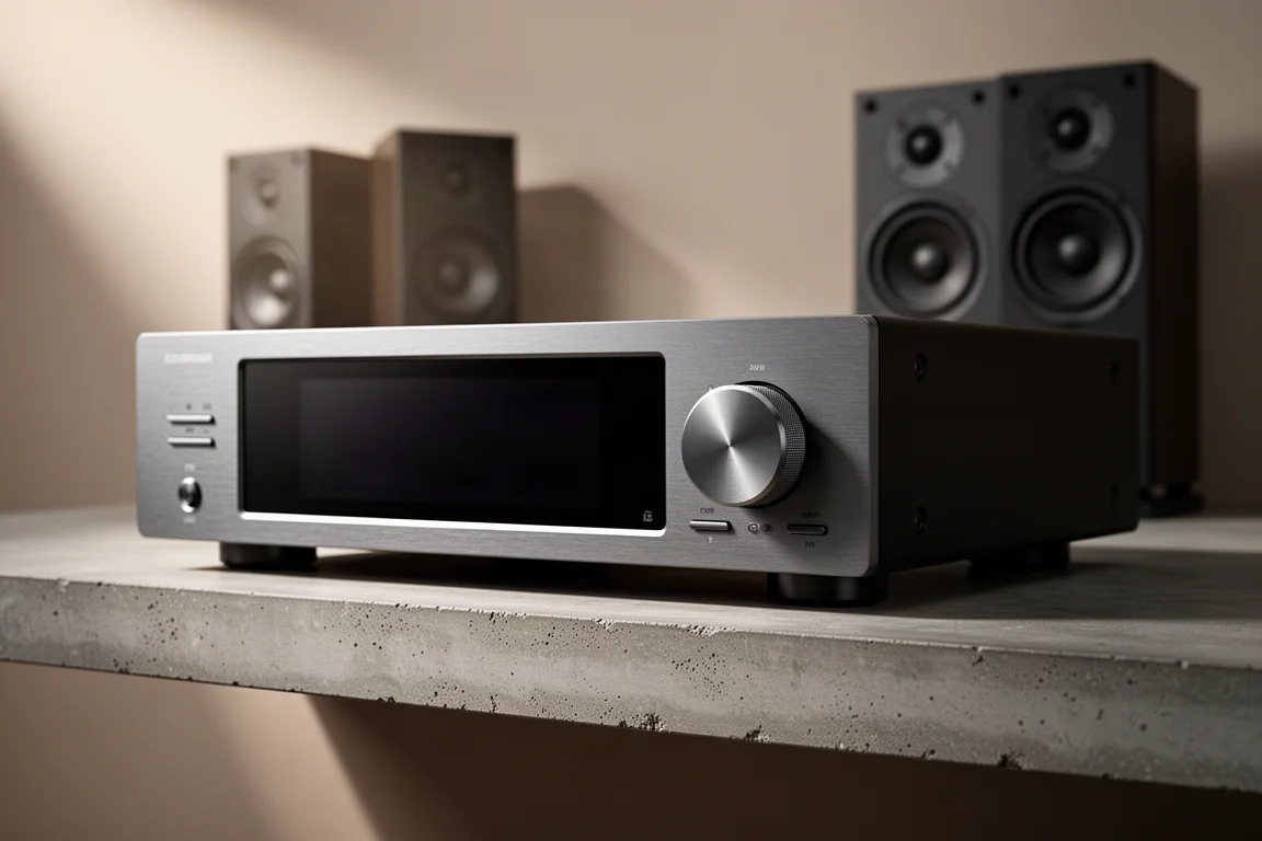 Full-width hi-fi streaming deck with a large volume dial on a concrete shelf